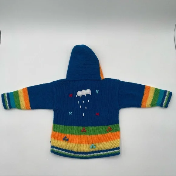 Handmade Knit Sweater Hoodie Baby Infant 0-6 Mos Folk Art Farm Animals Full Zip - Picture 6 of 9